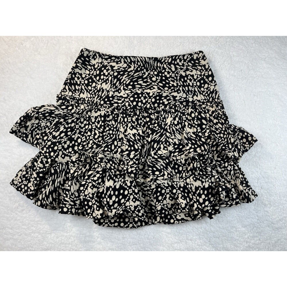 Anthropologie Maeve Skirt Womens Sz 2 Tiered Mini Black Print Linen Blend Boho